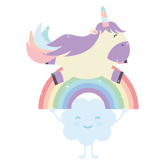 cute unicorn with clouds and rainbow kawaii characters