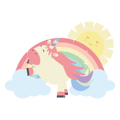 cute unicorn in rainbow with clouds and sun kawaii characters