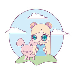 cute little doll with rabbit animal in landscape