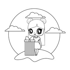 cute little doll with gift box in landscape