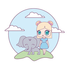 Obraz na płótnie Canvas cute little doll with elephant animal in landscape