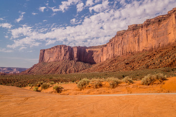 Morning in the Monument Valley. Tourist tents amid the crumbling rocks of Arizona	