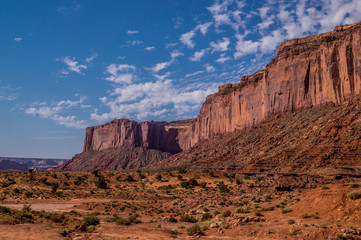 Morning in the Monument Valley. Tourist tents amid the crumbling rocks of Arizona