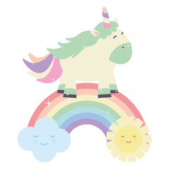 cute unicorn in rainbow with clouds and sun kawaii characters