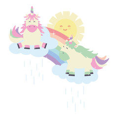 cute unicorns in rainbow with clouds and sun kawaii characters