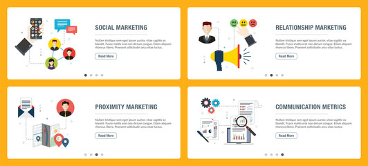 Obraz na płótnie Canvas Internet banner set with marketing, communication, metrics and relationship icons.