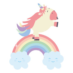 cute unicorn with clouds and rainbow kawaii characters