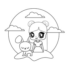 cute little doll with rabbit animal in landscape