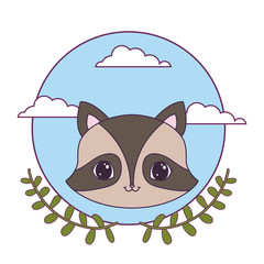 head of cute raccoon in frame circular with crown of leafs