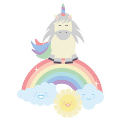 Obraz na płótnie Canvas cute unicorn in rainbow with clouds and sun kawaii characters