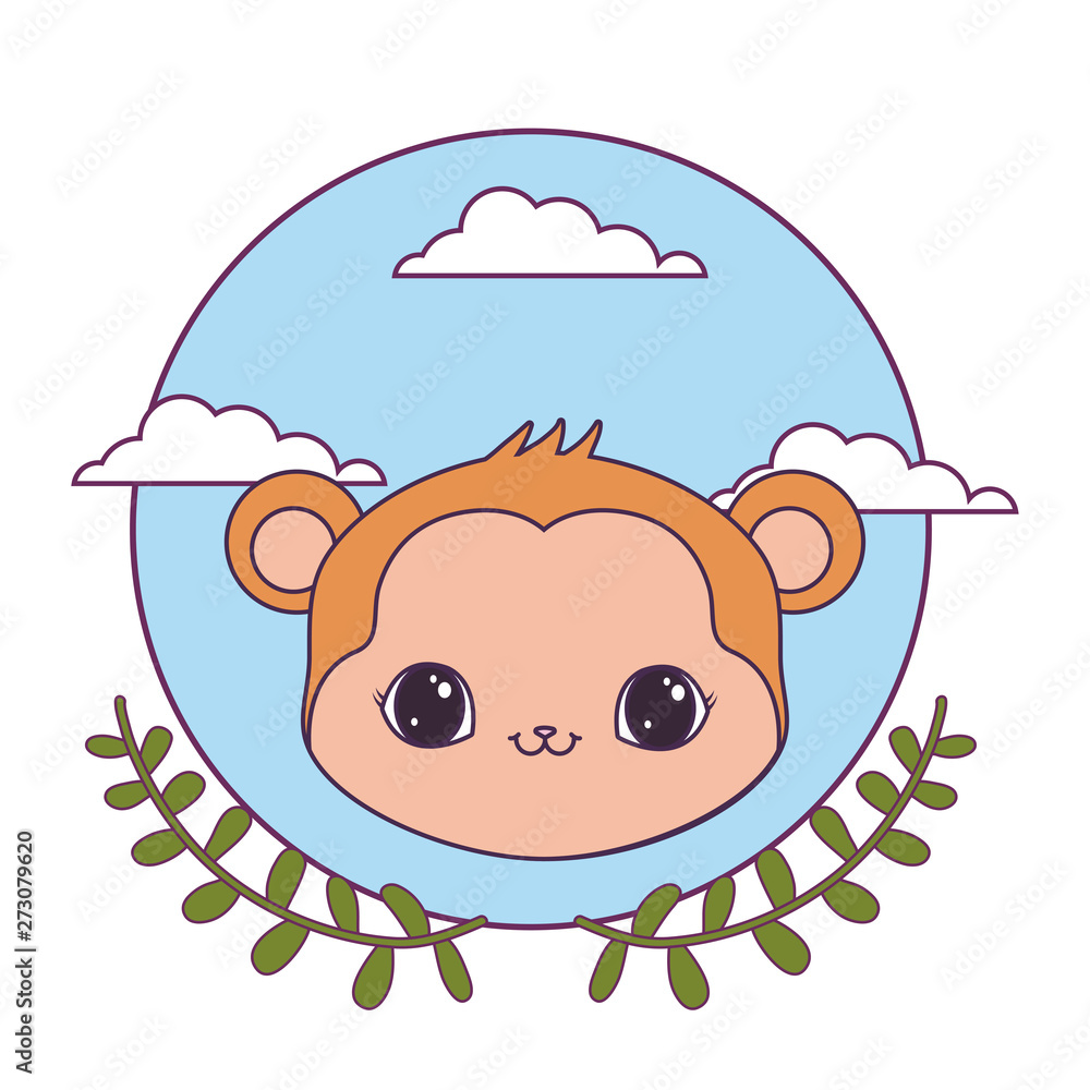 Poster head of monkey in frame circular with crown of leafs