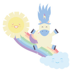 cute unicorn in rainbow with clouds and sun kawaii characters
