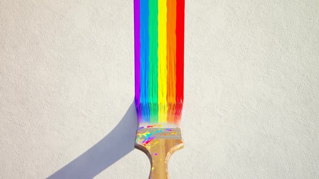 Paintbrush leaving stripe of colorful paint on a white wall. Lgbt symbol. 4KHD