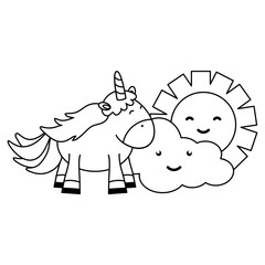 cute adorable unicorn with clouds and sun kawaii characters