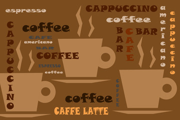 Coffee, various words and cups
