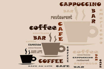 Coffee, various words and cups