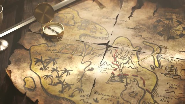 Funny hand-drawn ancient map with animated drawings. Treasure chest full of gold