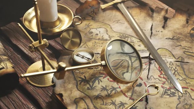 Treasure map with treasure spot marked by x sign seen through a magnifying glass