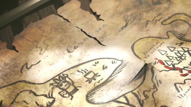Funny hand-drawn ancient map with animated drawings. Treasure chest full of gold