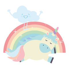 cute unicorn with clouds and rainbow kawaii characters