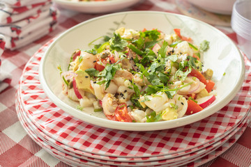 Bowl of Ceviche and other party celebration foods on a table