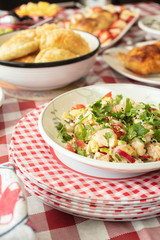 Bowl of Ceviche and other party celebration foods on a table