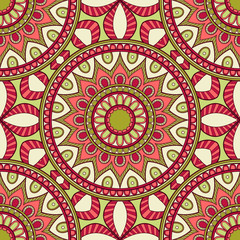 Decorative colorful ethnic seamless pattern for fabric or wrapping in oriental style. Hand drawn illustration