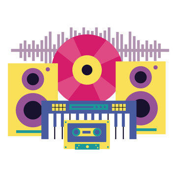 vinyl spaker cassette and synthesizer music festival on white background