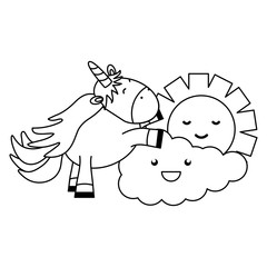 cute adorable unicorn with clouds and sun kawaii characters