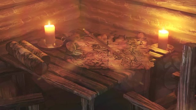 Cartoon treasure map on a tavern table warmly lit by a warm candle. 4KHD