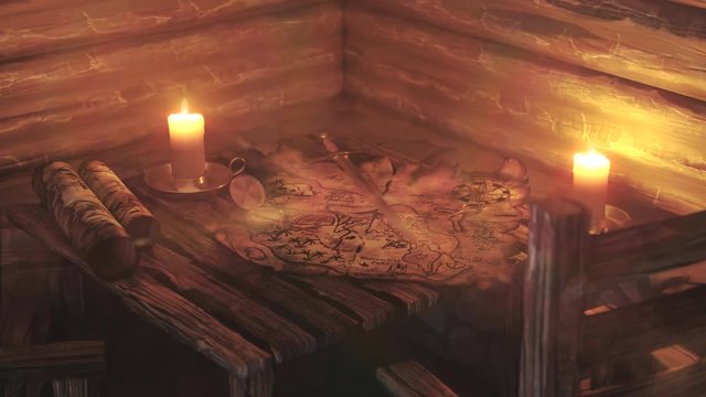 Cartoon treasure map on a tavern table warmly lit by a warm candle. 4KHD