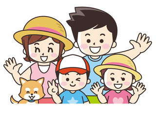 仲良し親子とペットの犬　夏