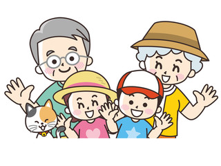 祖父母と孫とペットの猫　夏