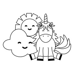 cute adorable unicorn with clouds and sun kawaii characters
