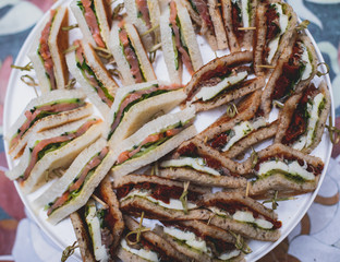 Beautifully decorated catering banquet table with different food snacks and appetizers with sandwich, on corporate christmas birthday kids party event or wedding celebration