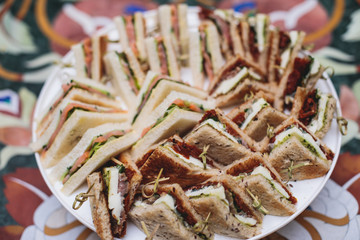 Beautifully decorated catering banquet table with different food snacks and appetizers with sandwich, on corporate christmas birthday kids party event or wedding celebration