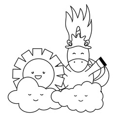 cute adorable unicorn with clouds and sun kawaii characters