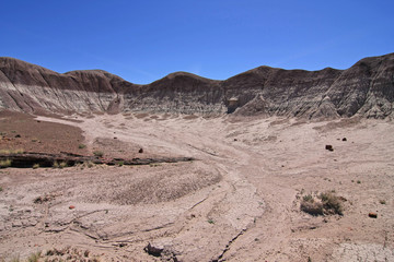 Badlands of the Painted Desert in Petrified Forest National Park, Arizona,under a cloudless sky.
