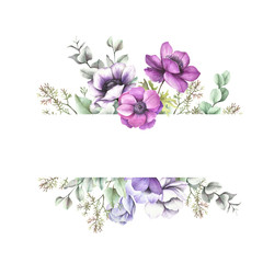 Universal background with anemones, eucalyptus and birdie. Hand draw watercolor illustration.