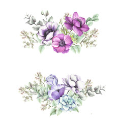 Universal background with anemones, eucalyptus and birdie. Hand draw watercolor illustration.