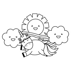 cute unicorn in rainbow with clouds and sun kawaii characters