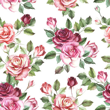 Seamless pattern with roses. Hand draw watercolor illustration.