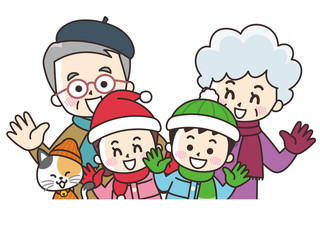 祖父母と孫とペットの猫　冬