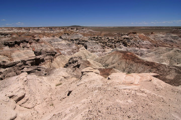 Badlands of the Painted Desert in Petrified Forest National Park, Arizona, under a cloudless summer sky.