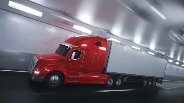 Red semi truck with trailer driving fast through the blurred tunnel. Loop. 4K