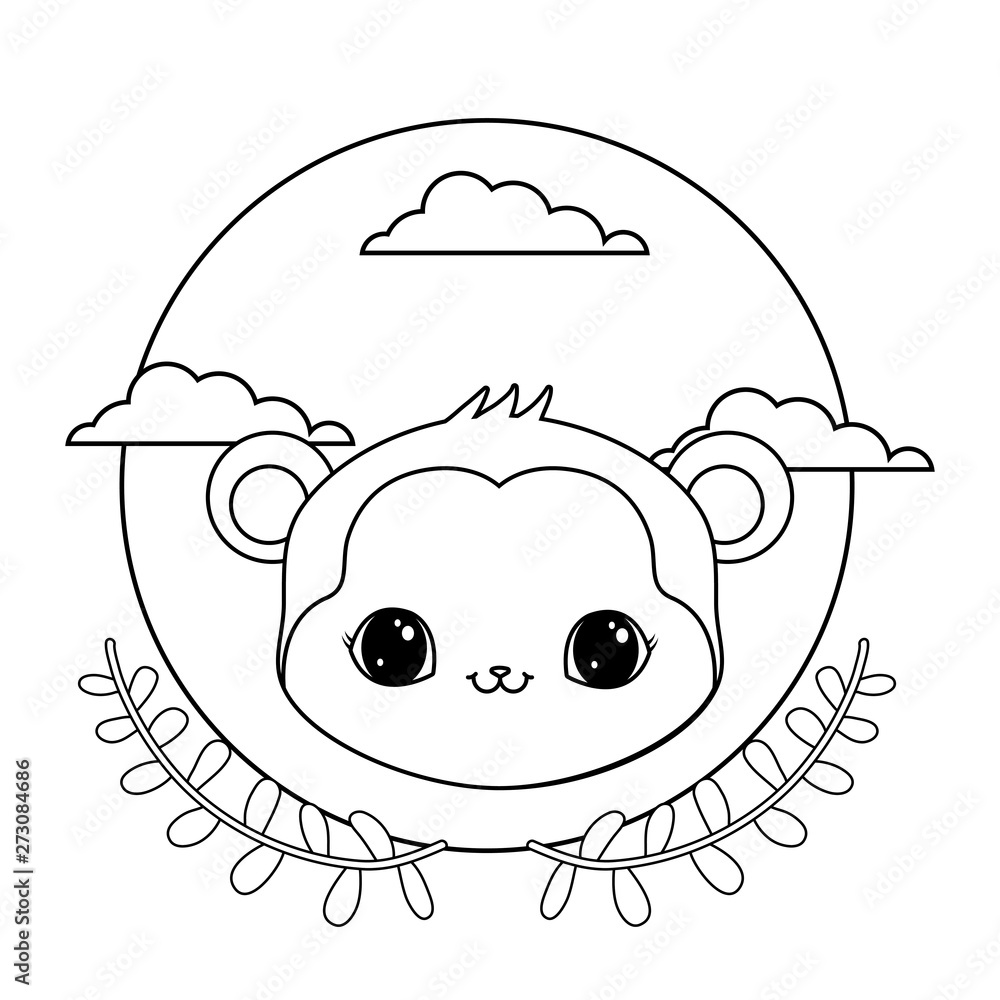 Poster head of monkey in frame circular with crown of leafs