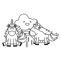 cute adorable unicorns with clouds and rainbow kawaii