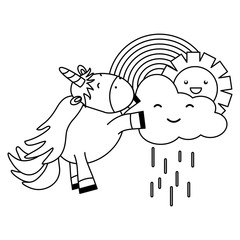 cute unicorn in rainbow with clouds rainy and sun kawaii