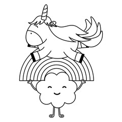 cute unicorn with clouds and rainbow kawaii characters