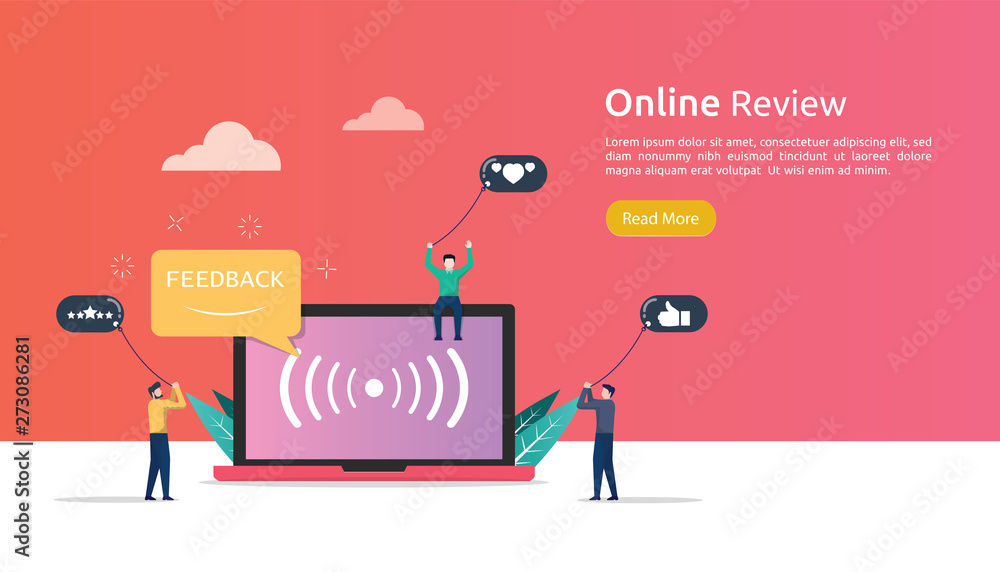 Poster flat vector web page concept design with online review idea. tiny man give balloon feedback and rati